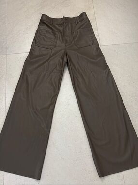 Zara Faux Leather Waistband Trousers in Taupe Brown